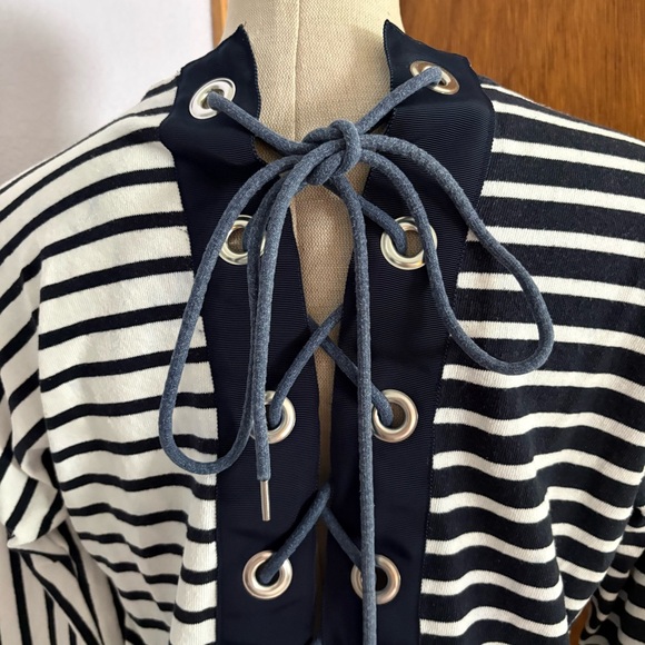 SACAI sz 2 M Striped Long Sleeve Tshirt Lace Back Navy Blue White - Picture 3 of 9